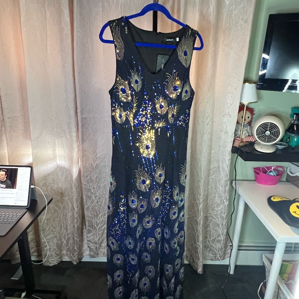 Blue and Gold Sleeveless Scoop Neck Maxi Gown